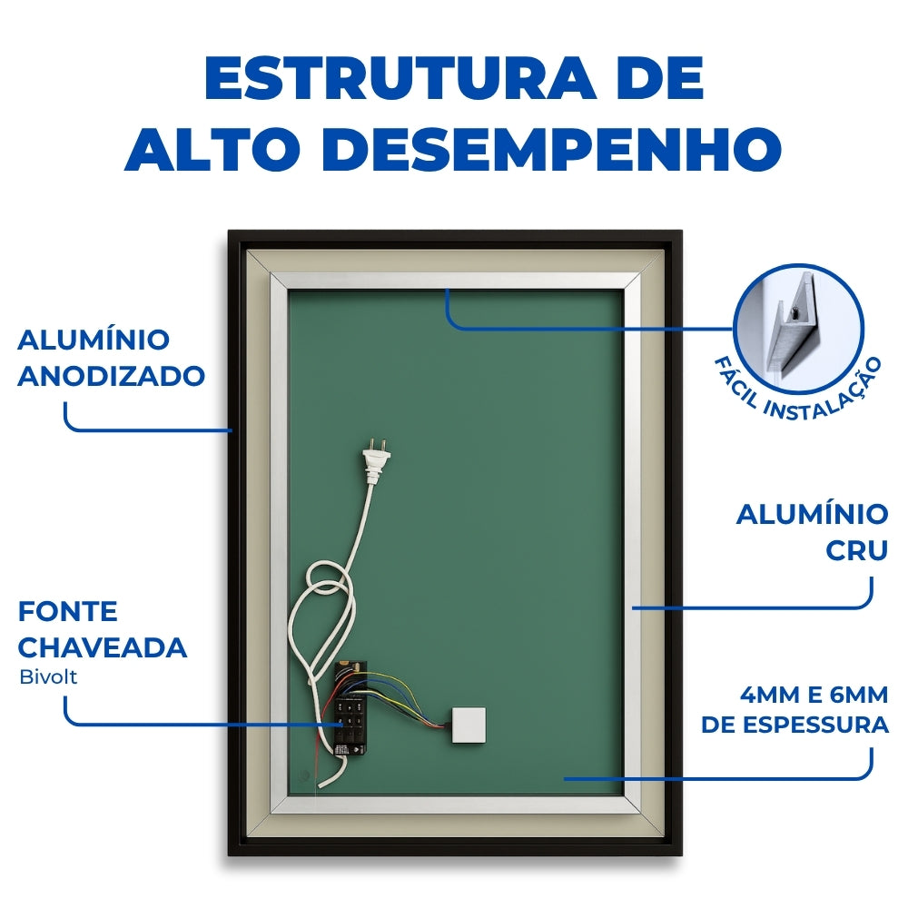 Espelho Led Botão Touch 3 Cores Estrutura Alumínio 50x70